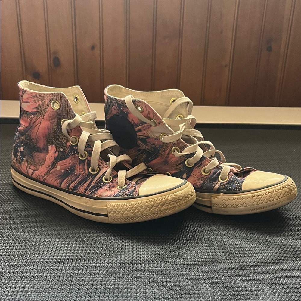 Converse High-Top Sneakers with pink, blue, and gold design
